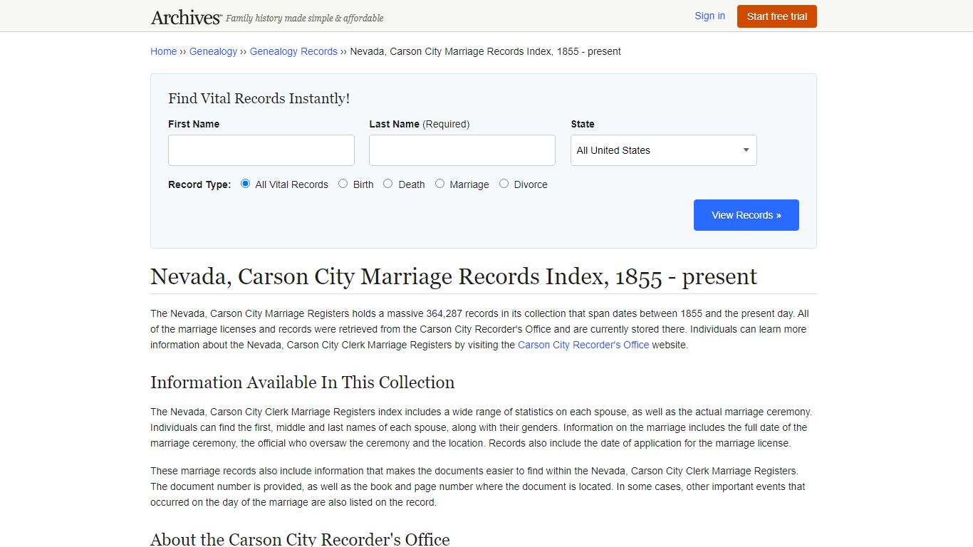 Nevada, Carson City Marriage Records | Search Collections ...