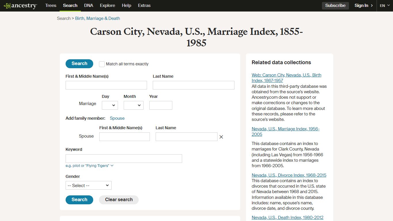 Carson City, Nevada, U.S., Marriage Index, 1855-1985